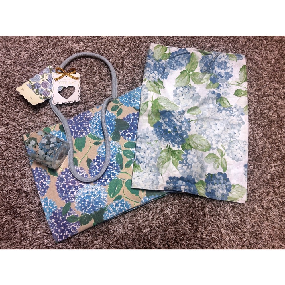 Blue Hydrangea Floral Canvas Tote Bag and Pillowcase Set Cottagecore Gift Set
